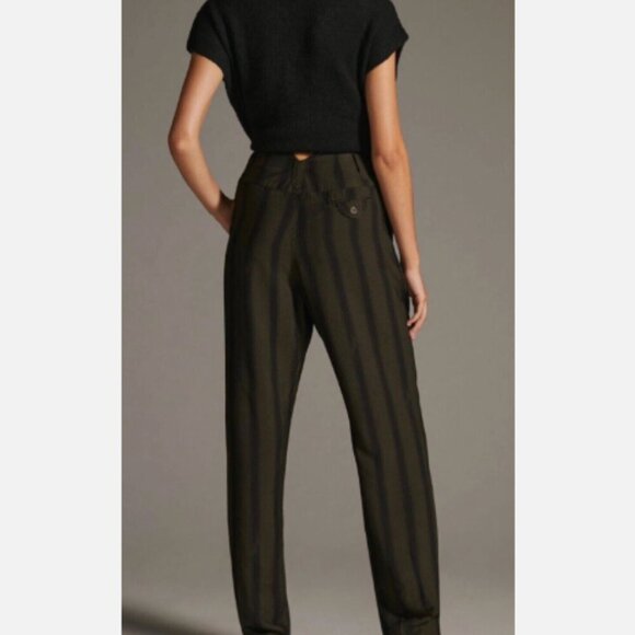 ANTHROPOLOGIE Green Black Stripe High Rise Pleated Fairfax Pants, US 0 - Picture 1 of 8